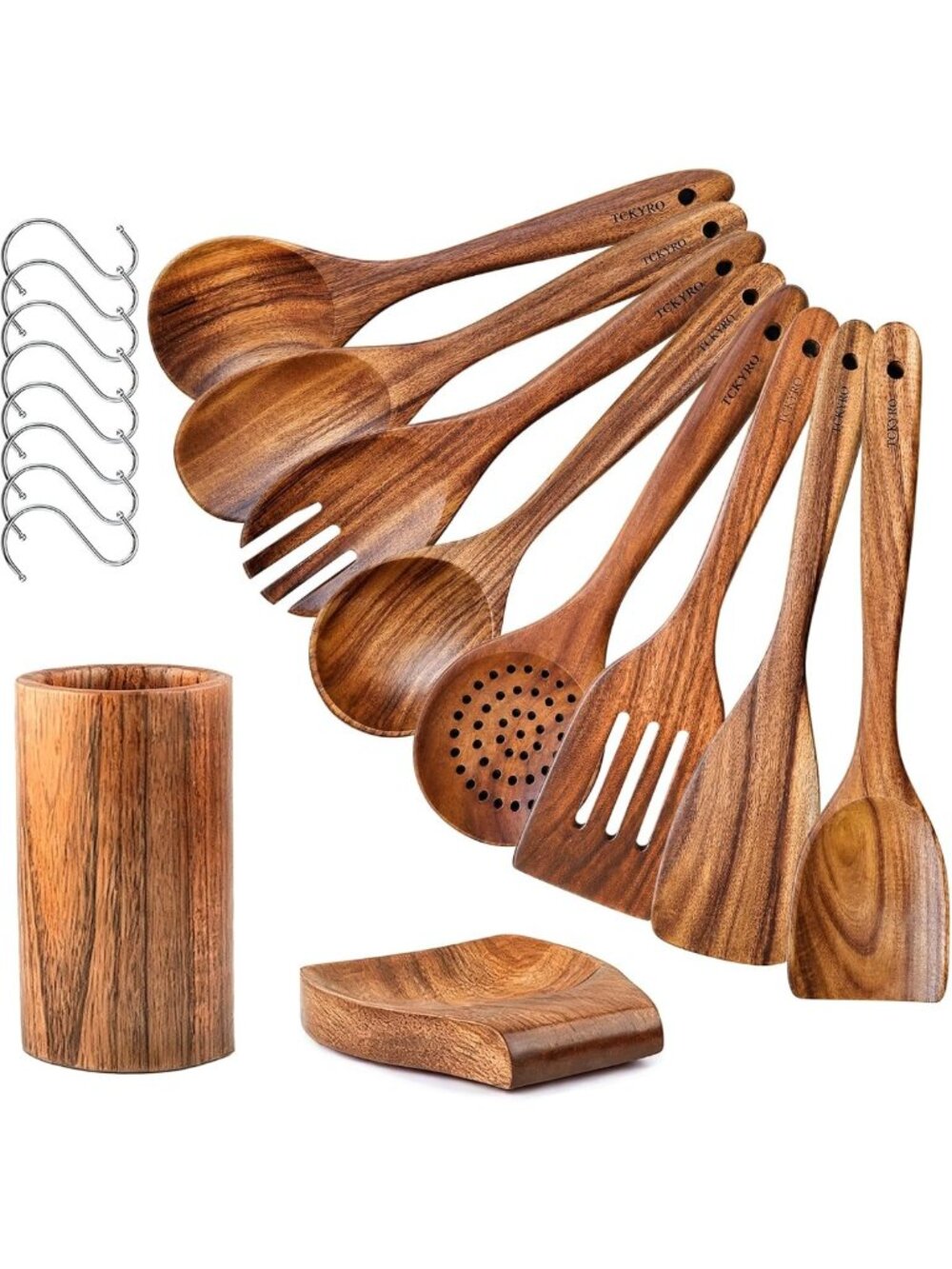 10-Piece Premium Wooden Utensil Set with Holder & Spoon Rest - Cooking Tools